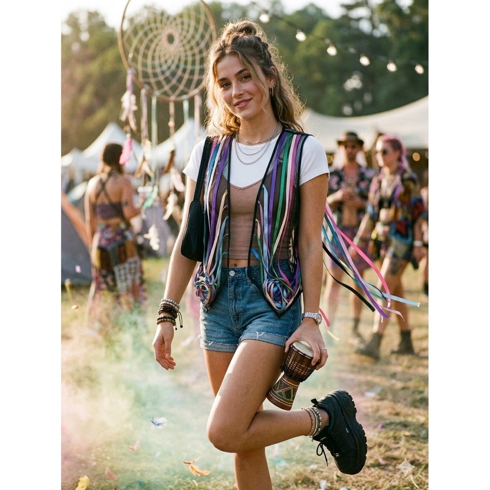 Studio Edition Ribbon Fringe Vest Boho Festival Layering Top Fairycore Y2K...